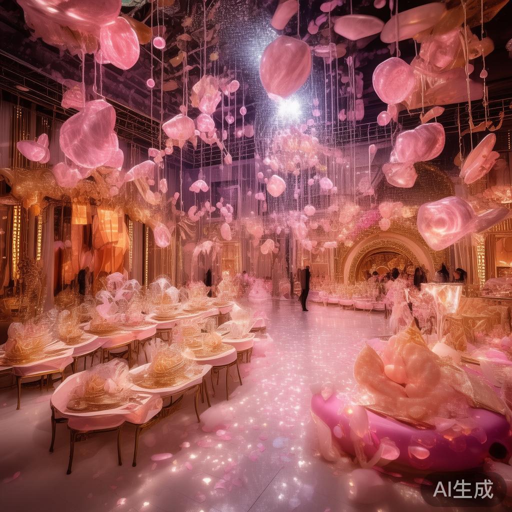 在派对场地布置方面，设计团队融入大量梦幻元素。例如