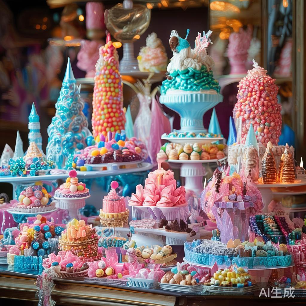 在这场盛宴中，糖果的视觉冲击力尤为令人难以忘怀。甜